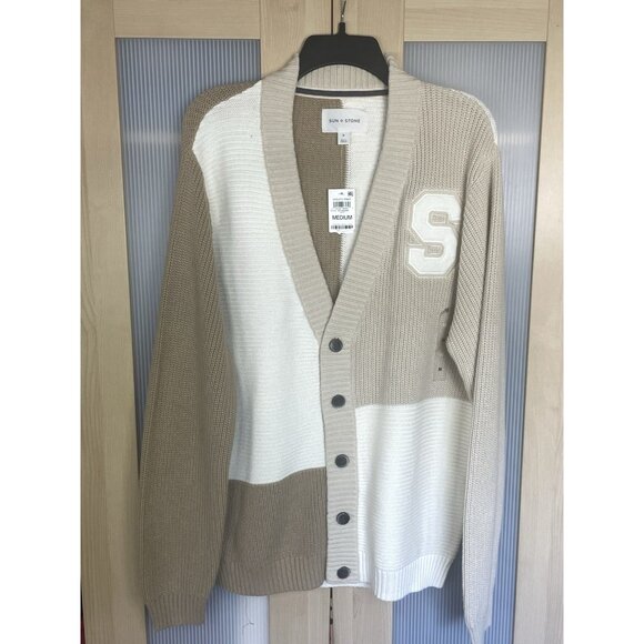 SUN + STONE Men's Chunky Knit Cardigan Cotton Collegiate Grandpacore Preppy M - Picture 2 of 6
